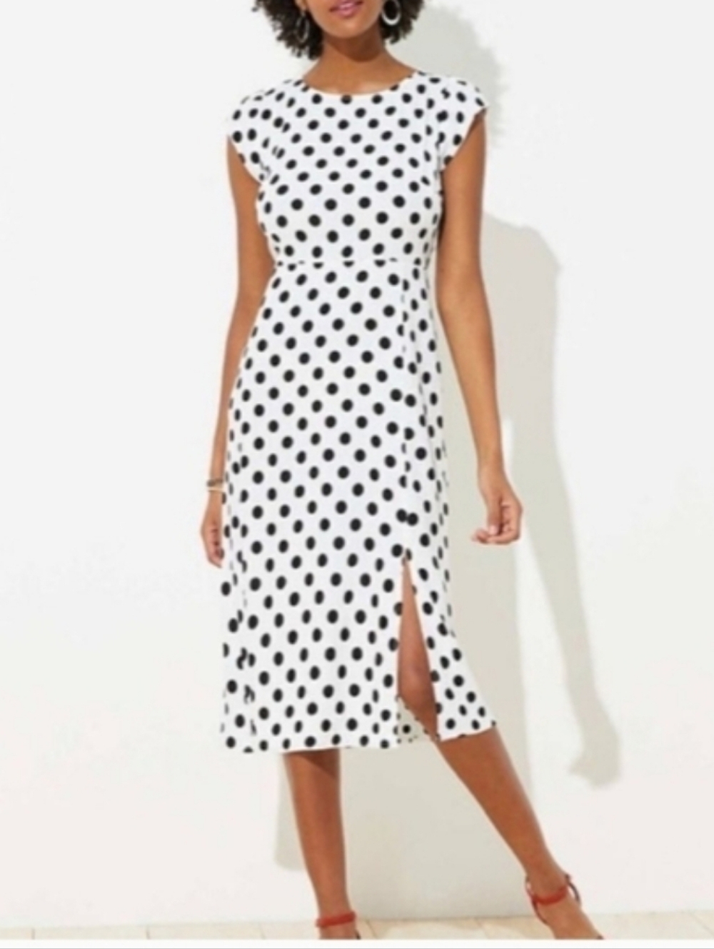 Loft Polka Dot White And Black Sleeveless Midi Dress Size 6Petite